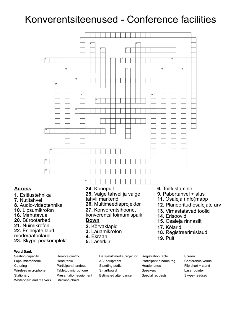 Konverentsiteenused - Conference facilities Crossword