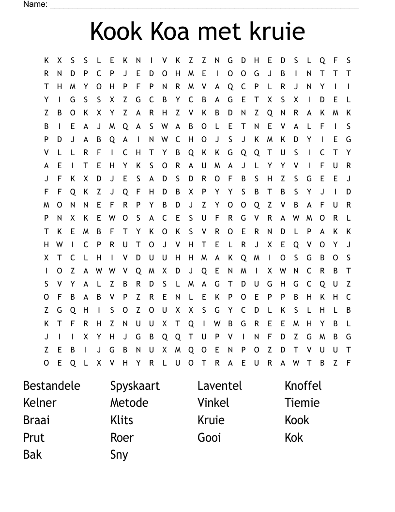 Kook Koa met kruie Word Search