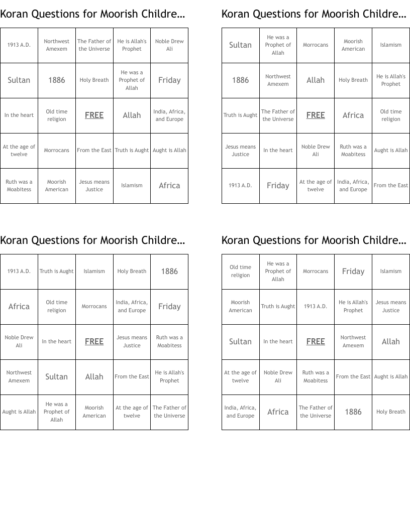 Koran Questions for Moorish Children 1 Bingo Cards