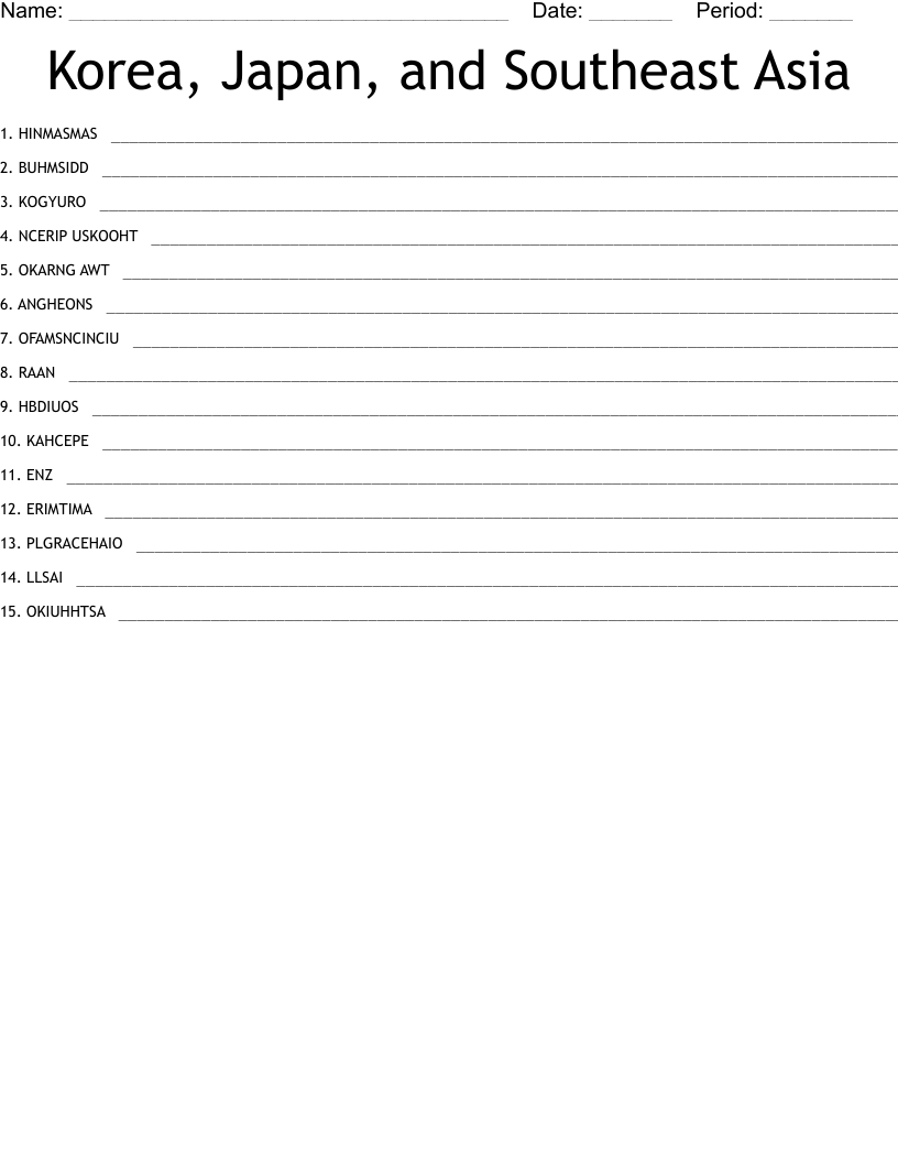 Korea, Japan, and Southeast Asia Word Scramble