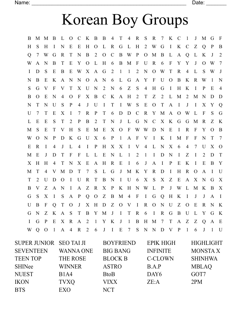 Korean Boy Groups Word Search