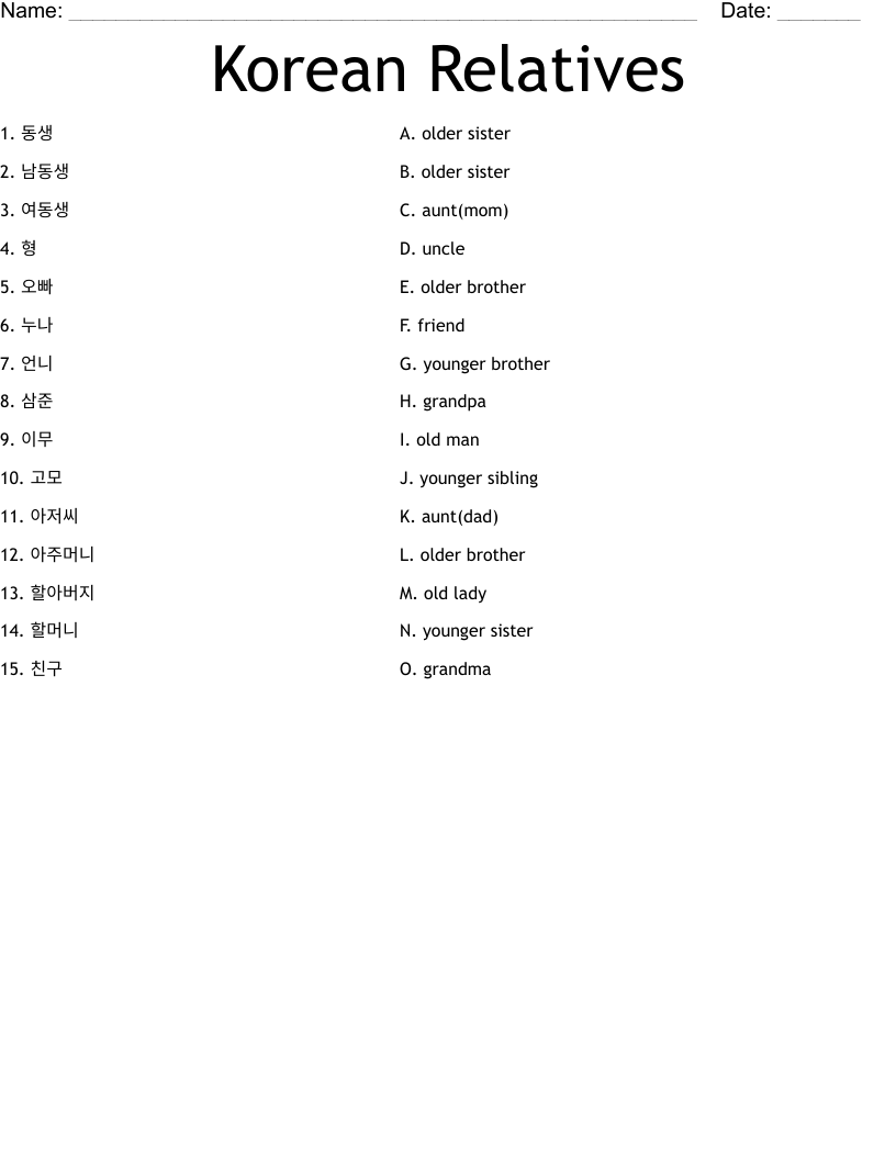 Korean Relatives Worksheet