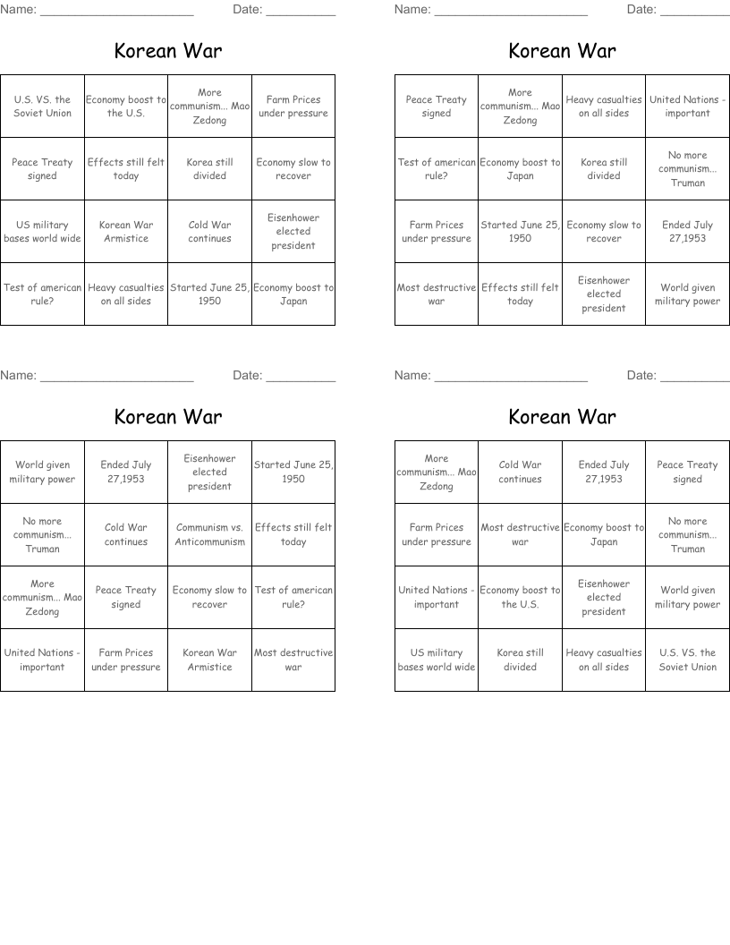 Korean War Bingo Cards