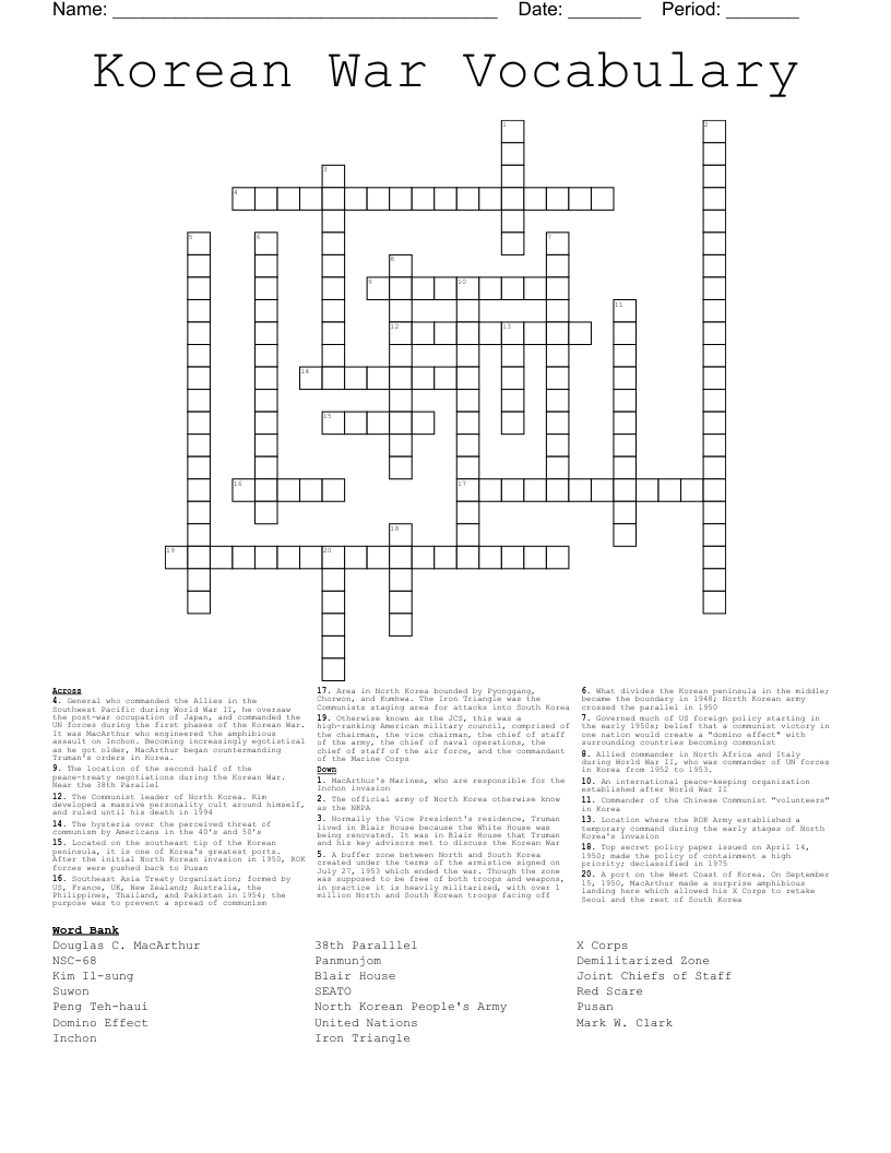 Korean War Vocabulary Crossword