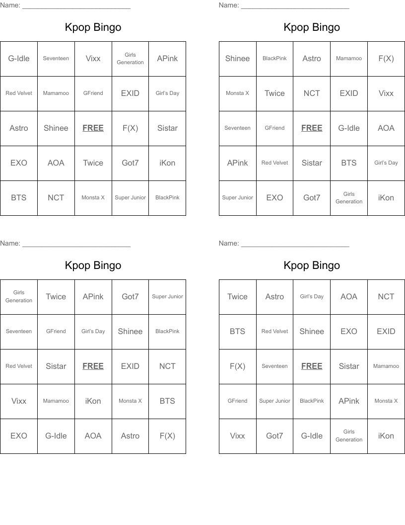 Kpop Bingo
