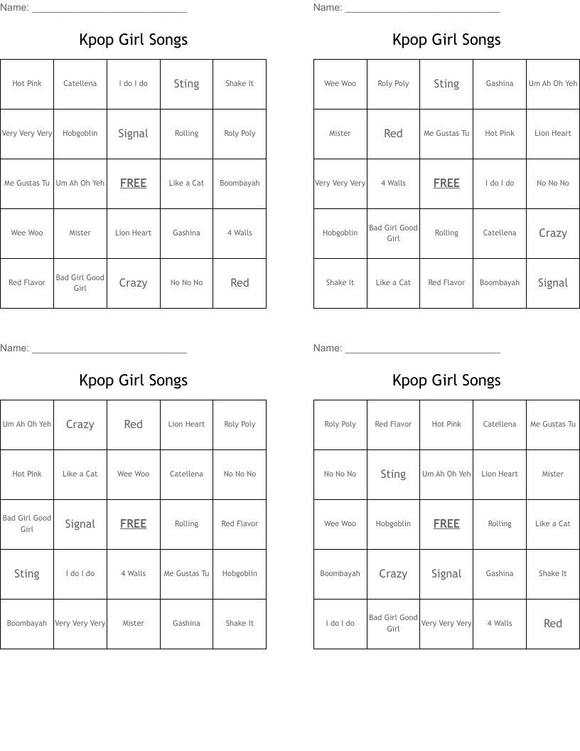 Kpop Girl Songs Bingo Cards