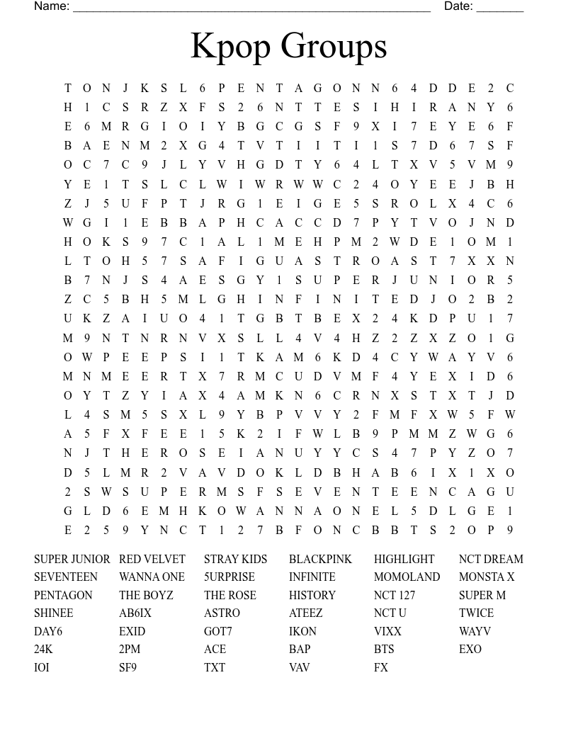 Kpop Groups Word Search