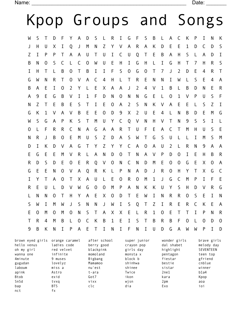 Kpop Groups and Songs Word Search