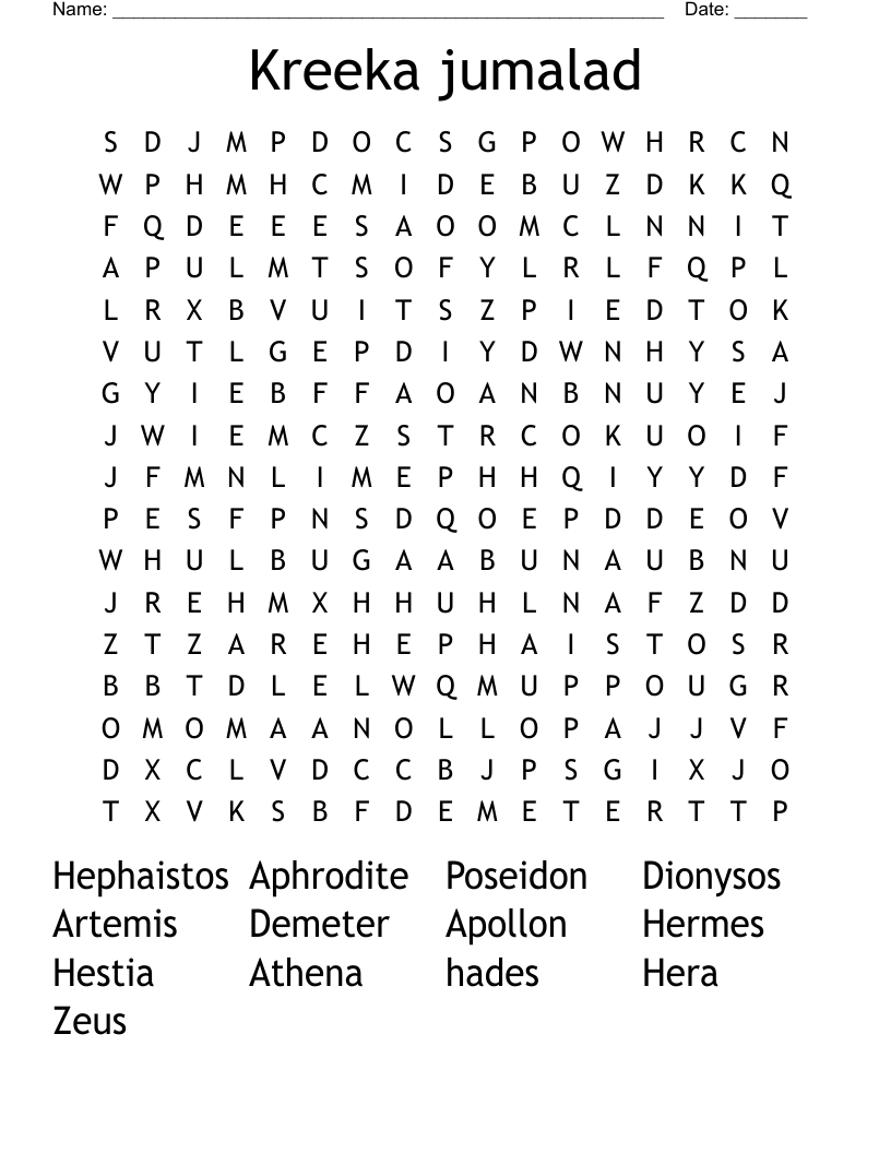 Kreeka jumalad Word Search
