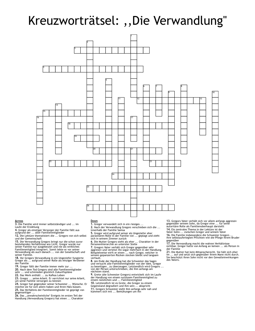 Kreuzworträtsel: ,,Die Verwandlung''  Crossword