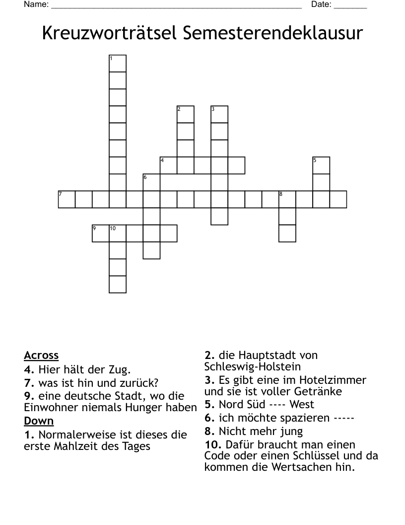 Kreuzworträtsel Semesterendeklausur Crossword