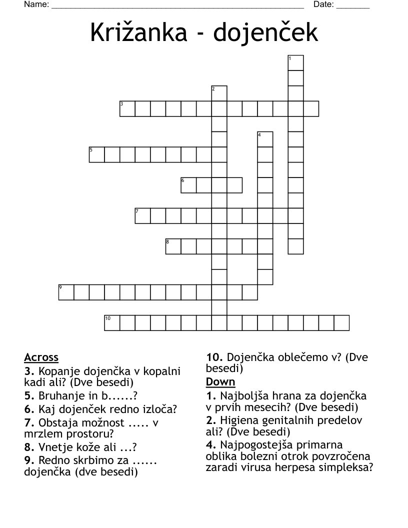 Križanka - dojenček Crossword