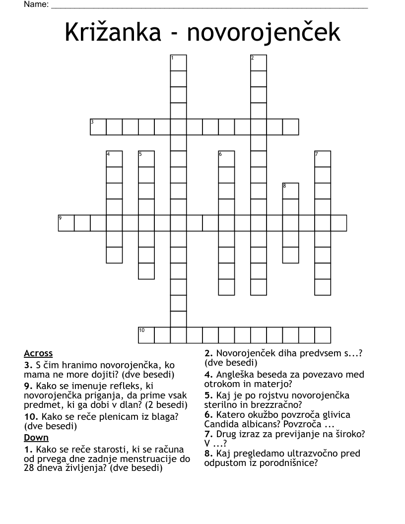 Križanka - novorojenček Crossword
