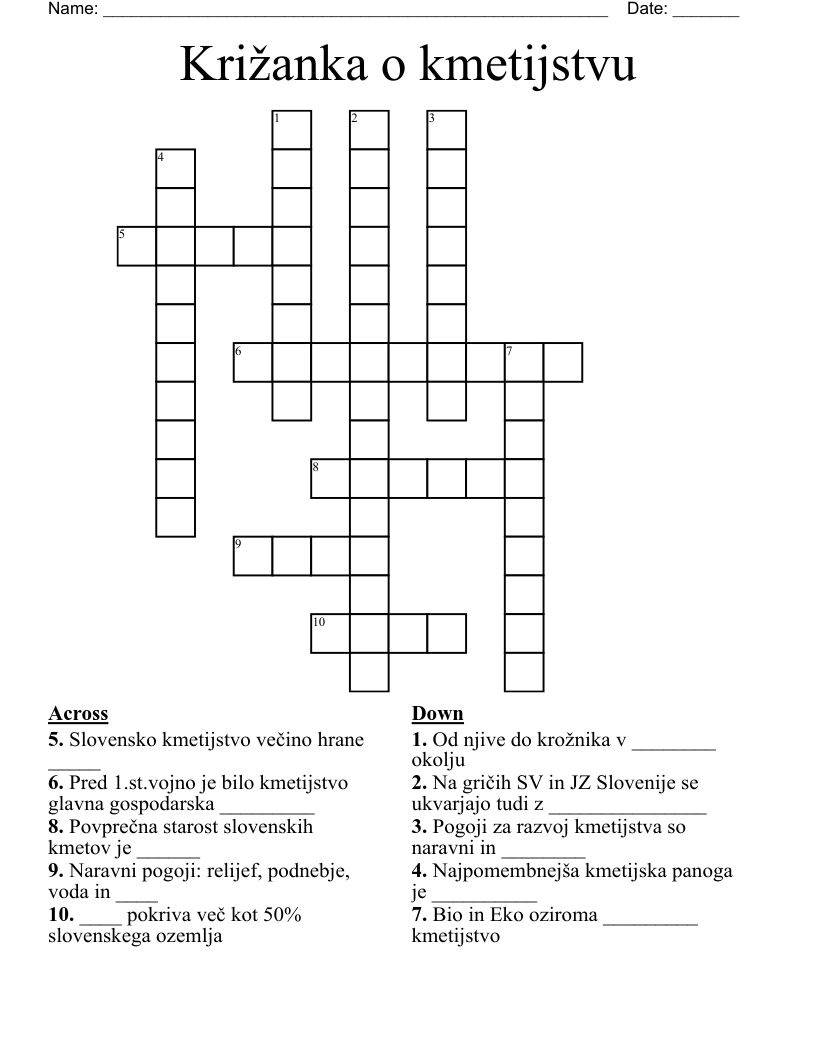 Križanka o kmetijstvu Crossword