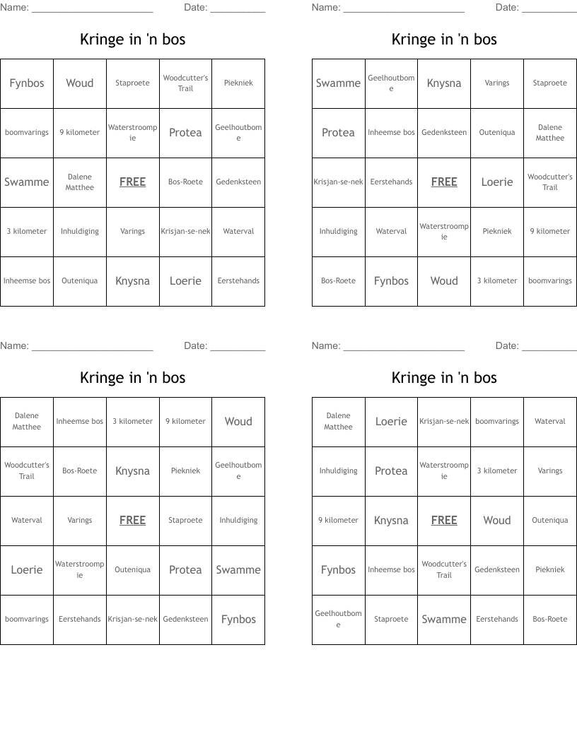 Kringe in 'n bos Bingo Cards