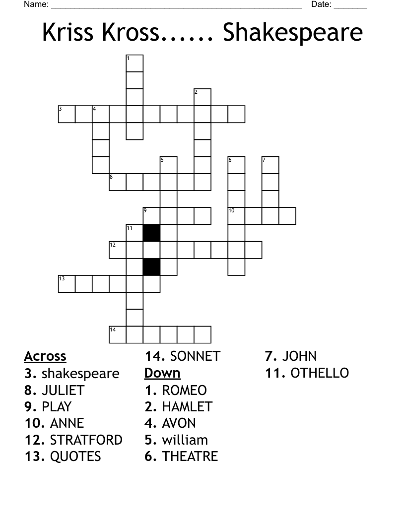 Kriss Kross...... Shakespeare Crossword