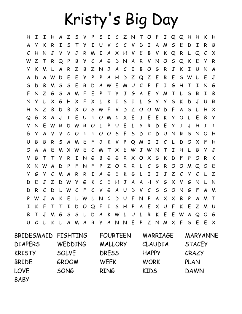 Kristy's Big Day Word Search