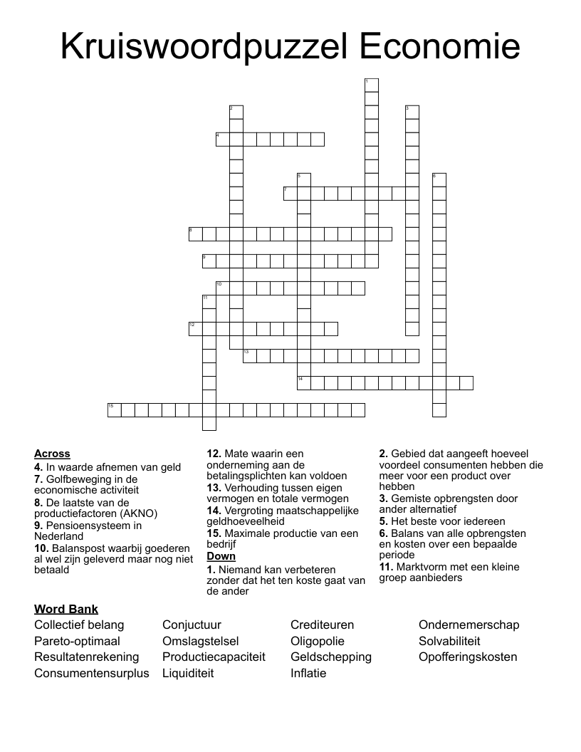 Kruiswoordpuzzel Economie Crossword