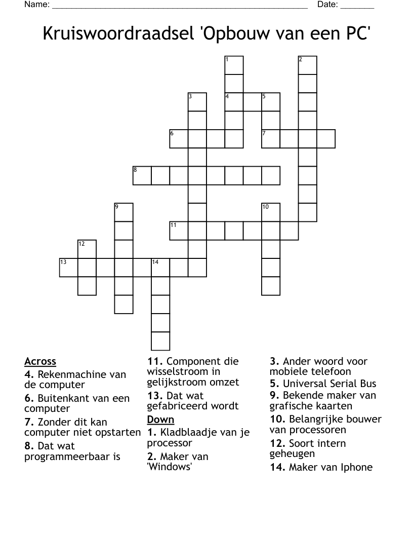 Kruiswoordraadsel 'Opbouw van een PC' Crossword