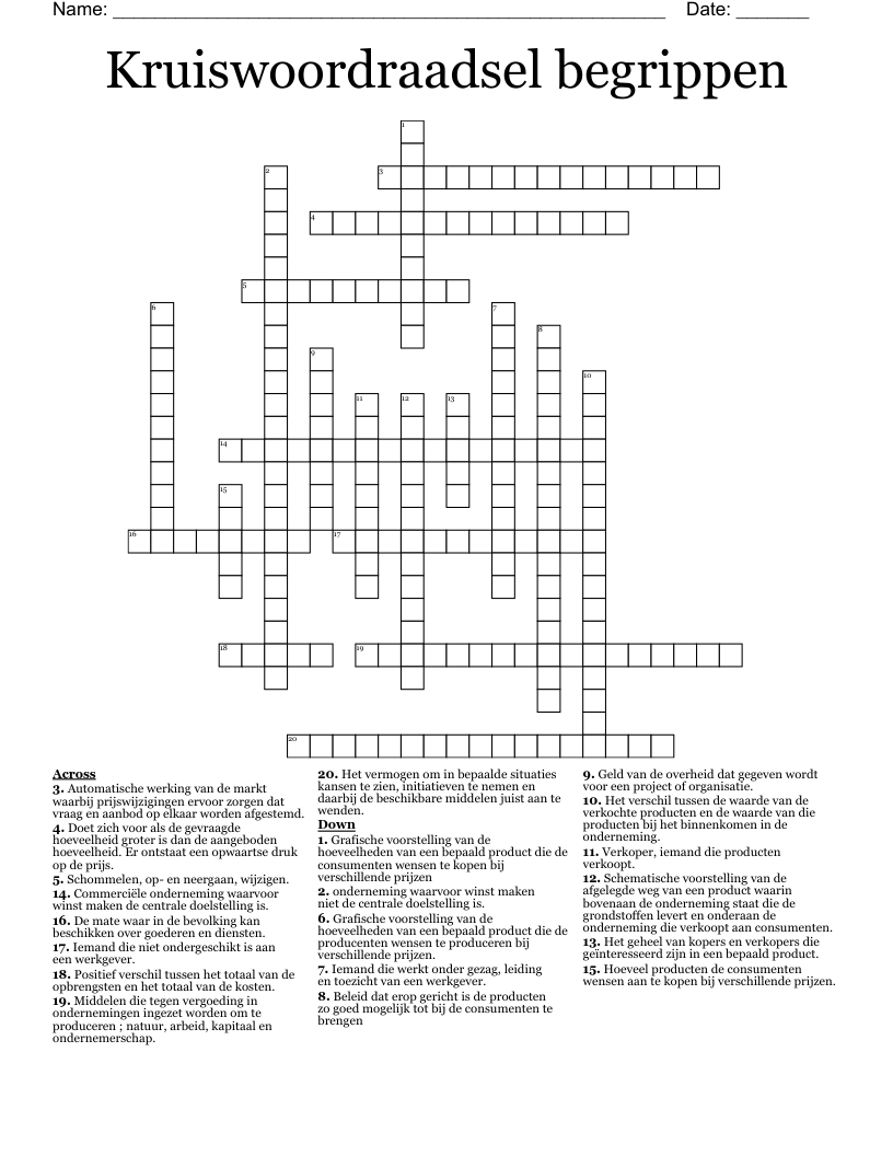 Kruiswoordraadsel begrippen   Crossword
