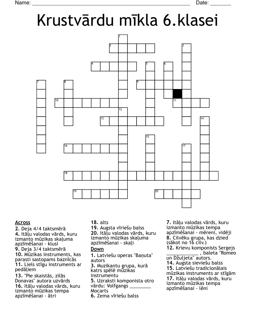 Krustvārdu mīkla 6.klasei Crossword
