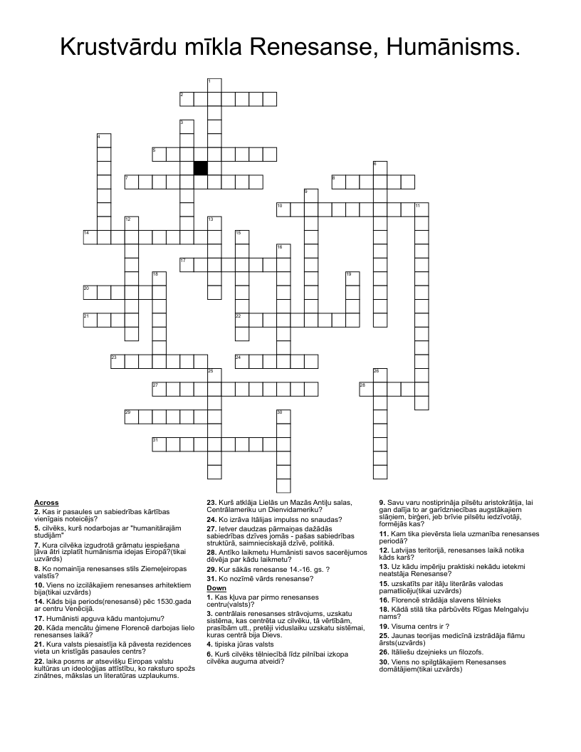 Krustvārdu mīkla Renesanse, Humānisms. Crossword
