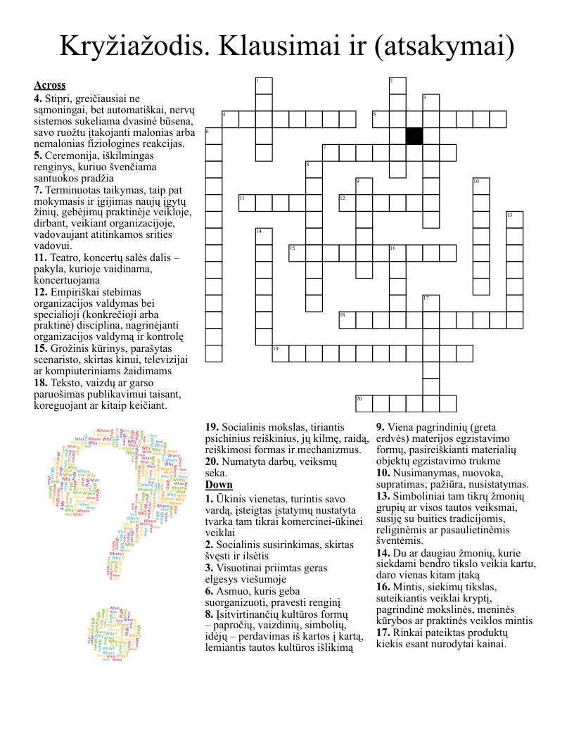 Kryžiažodis. Klausimai ir (atsakymai) Crossword