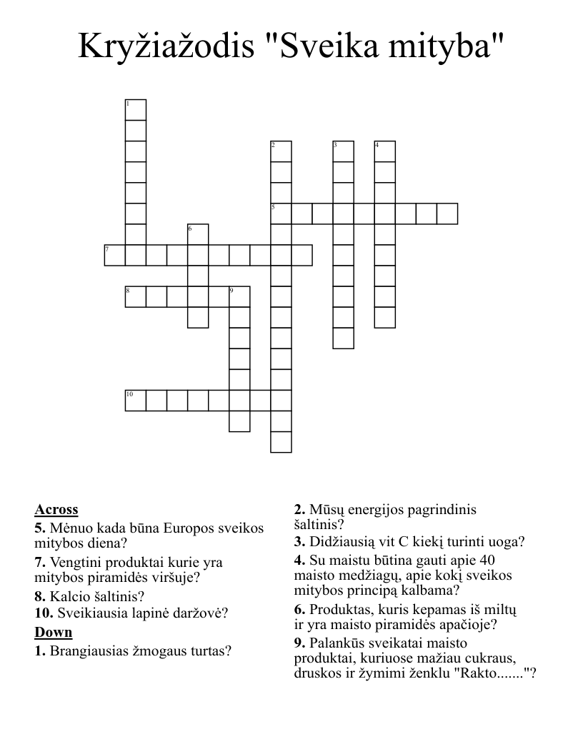 Kryžiažodis "Sveika mityba" Crossword