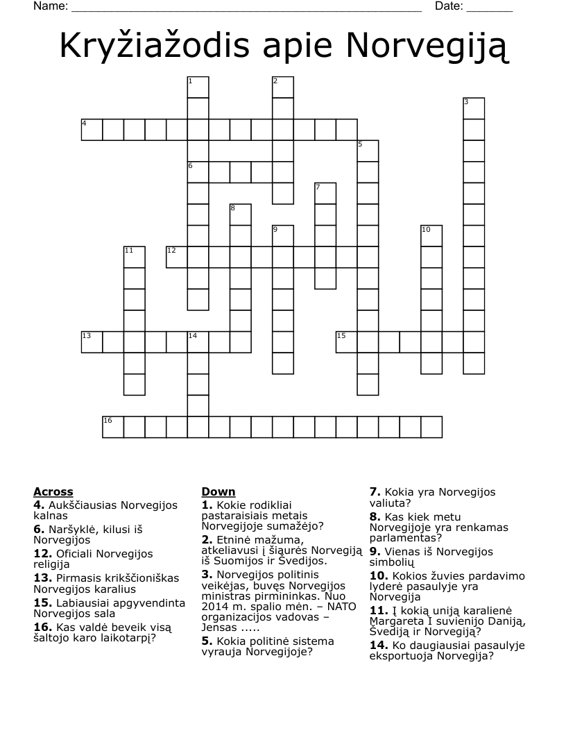 Kryžiažodis apie Norvegiją Crossword