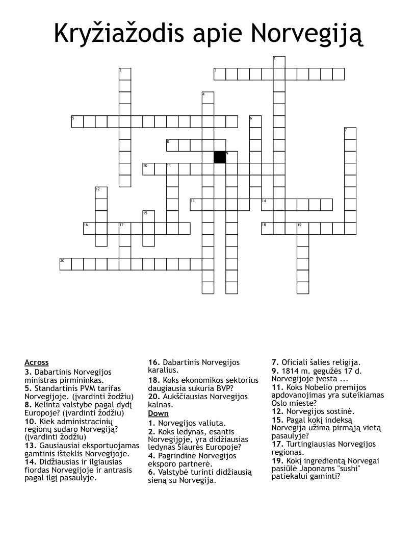 Kryžiažodis apie Norvegiją Crossword