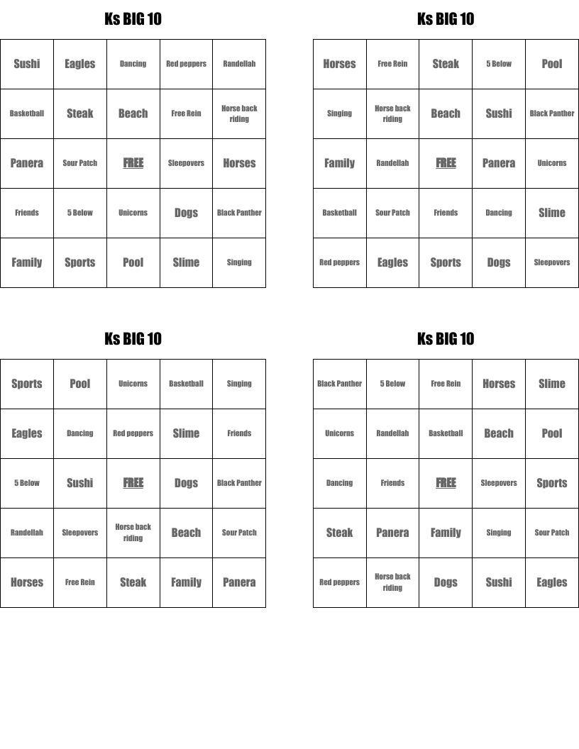 Ks BIG 10 Bingo Cards