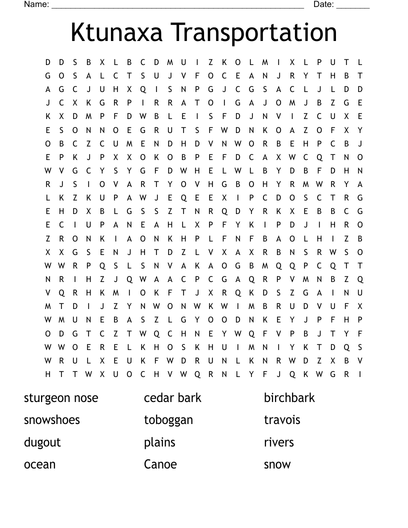 Ktunaxa Transportation Word Search