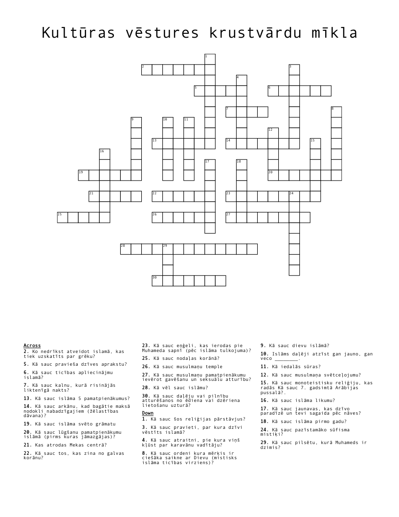 Kultūras vēstures krustvārdu mīkla Crossword