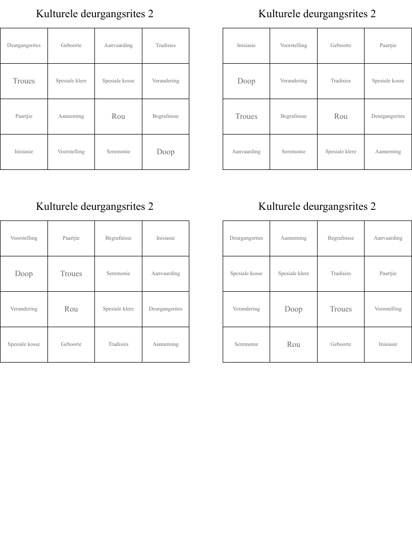 Kulturele deurgangsrites 2 Bingo Cards