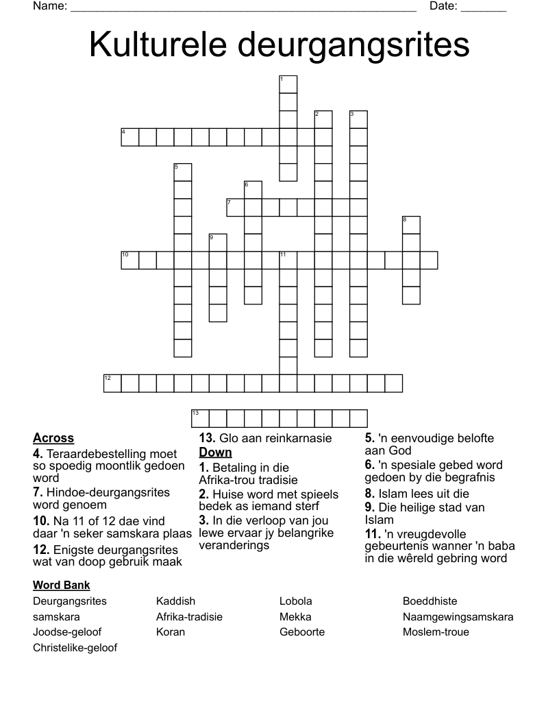 Kulturele deurgangsrites Crossword