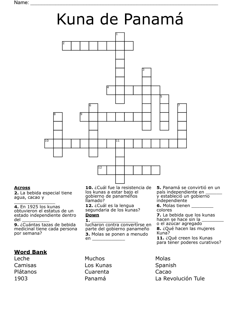 Kuna de Panamá Crossword