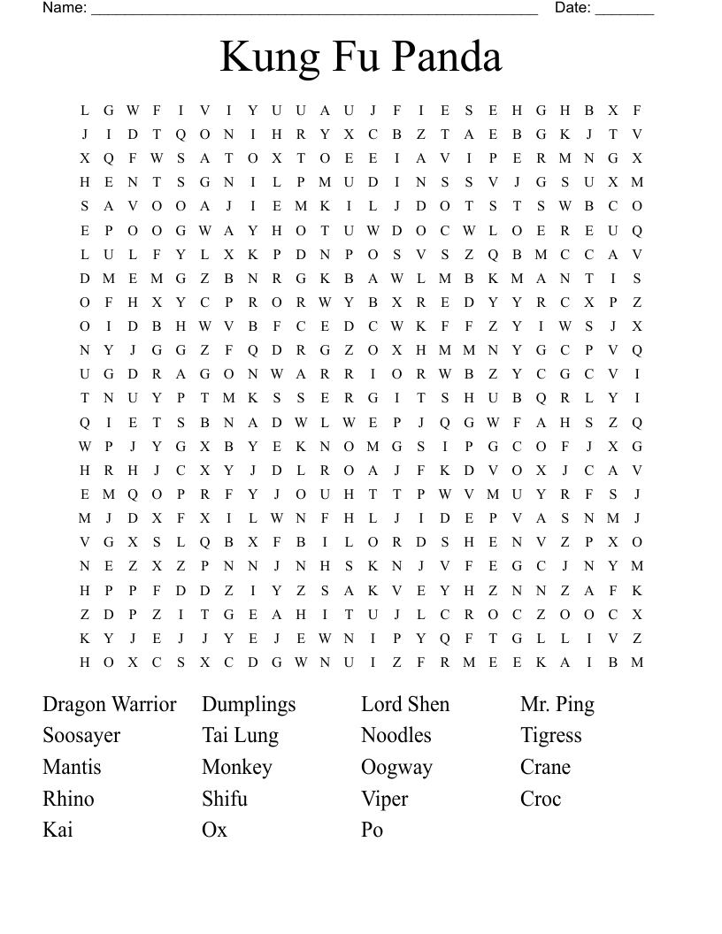 Kung Fu Panda Word Search