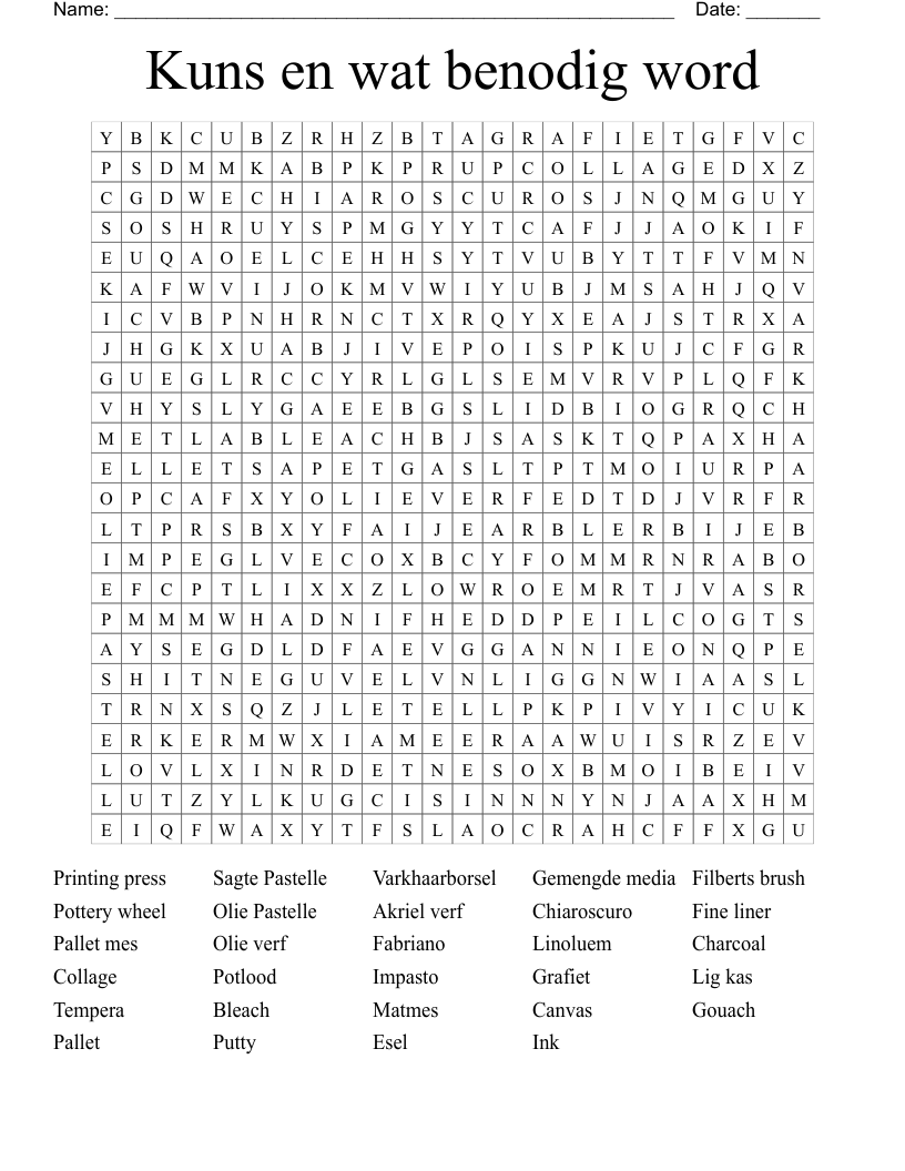 Kuns en wat benodig word Word Search