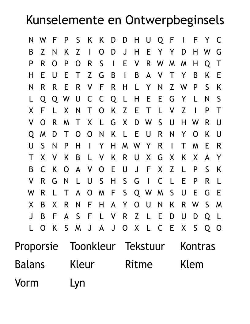 Kunselemente en Ontwerpbeginsels Word Search
