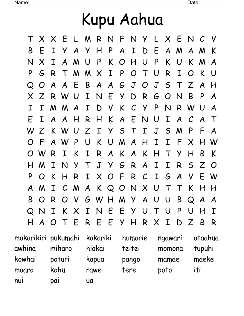 Kupu Aahua Word Search