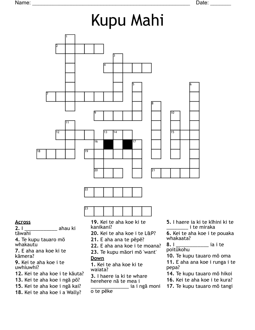 Kupu Mahi Crossword