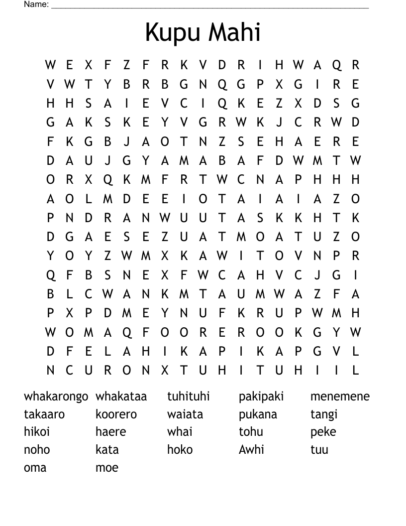 Kupu Mahi Word Search