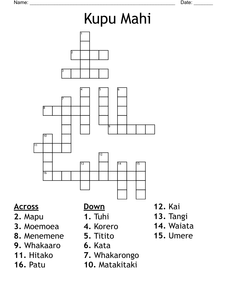 Kupu Mahi Crossword