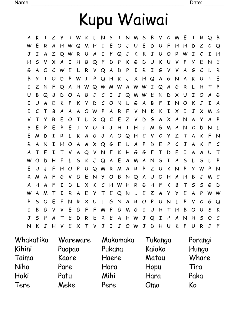 Kupu Waiwai Word Search