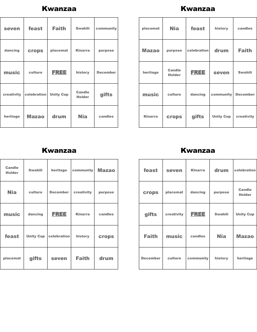 Kwanzaa Bingo Cards