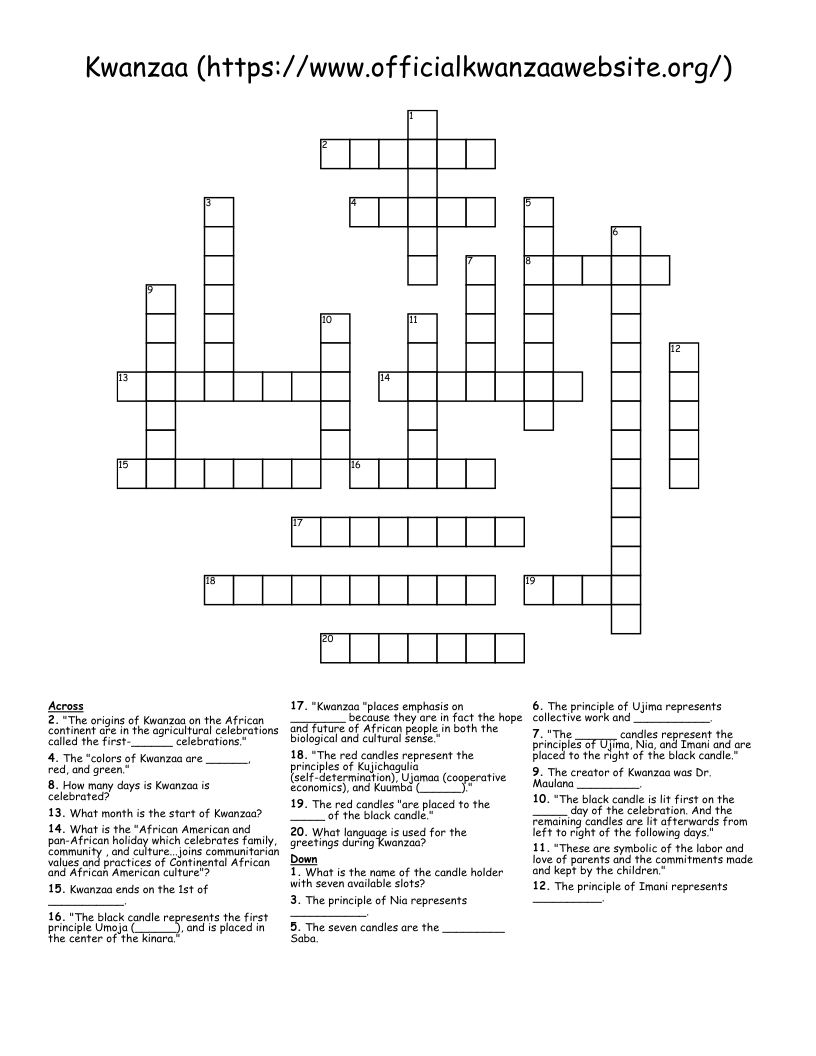 Kwanzaa (https://www.officialkwanzaawebsite.org/) Crossword
