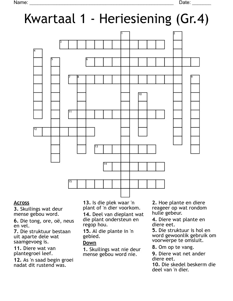 Kwartaal 1 - Heriesiening (Gr.4) Crossword