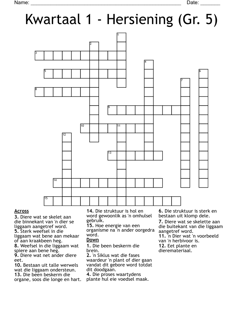 Kwartaal 1 - Hersiening (Gr. 5) Crossword