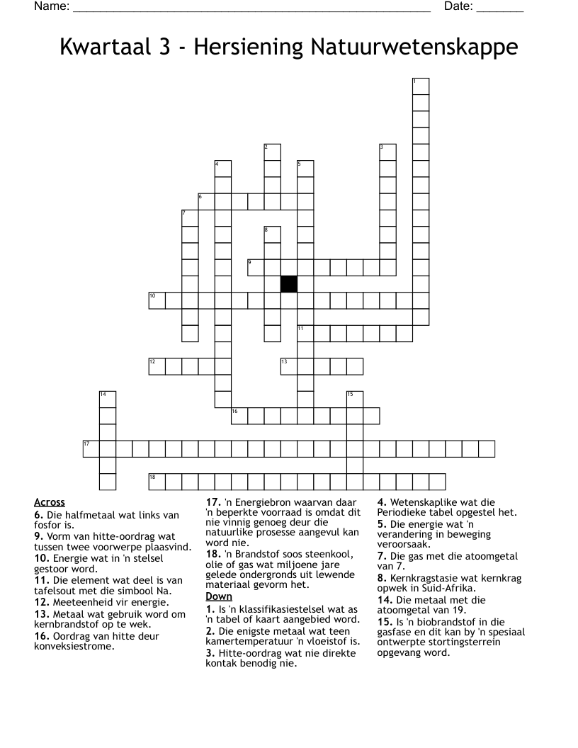 Kwartaal 3 - Hersiening Natuurwetenskappe Crossword