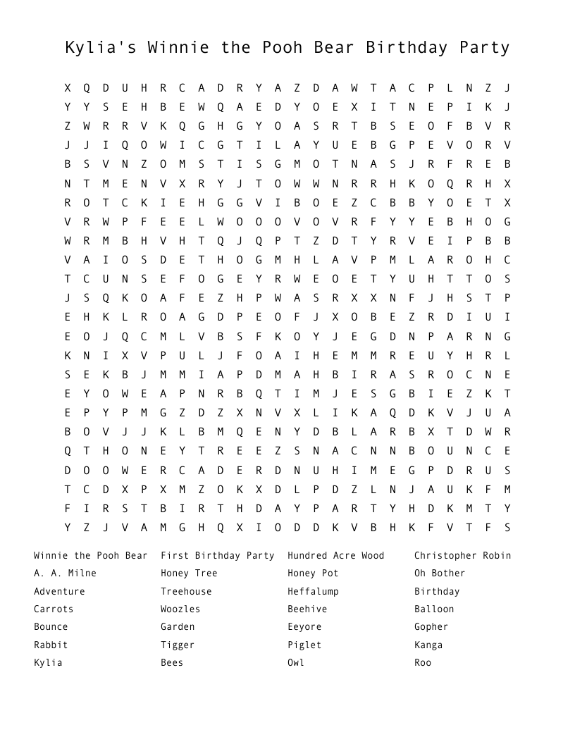 Kylia's Winnie the Pooh Bear Birthday Party  Word Search